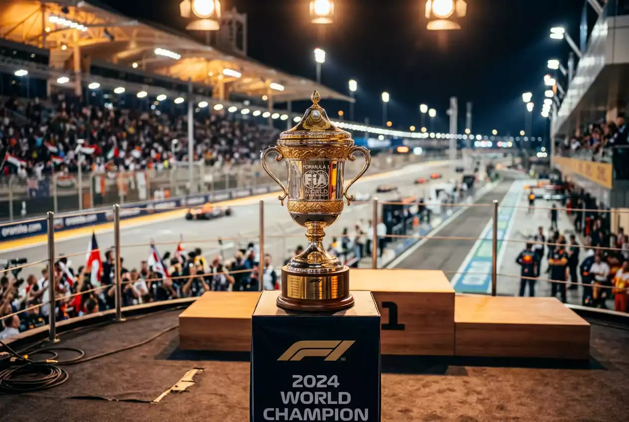 Trofeo del campeonato mundial de Fórmula 1 sobre un podio con luces de estadio