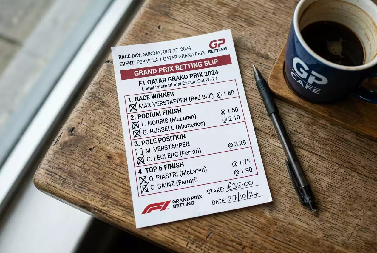 Boleto de apuestas con varias selecciones de una carrera de Fórmula 1