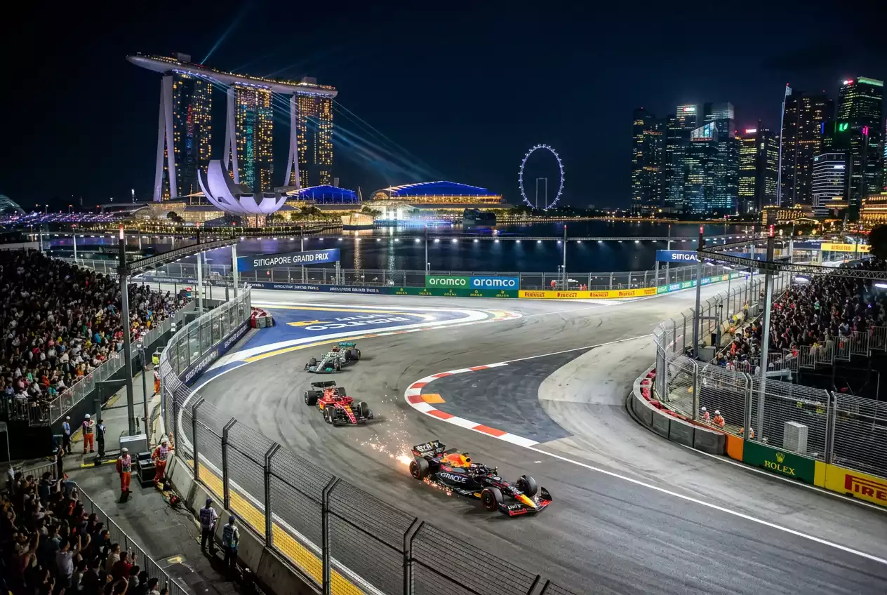 Circuito iluminado de Marina Bay en Singapur con monoplazas de Fórmula 1 de noche