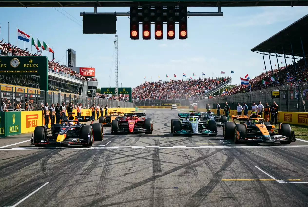 Monoplazas de Fórmula 1 en la salida de una carrera sprint con semáforo rojo