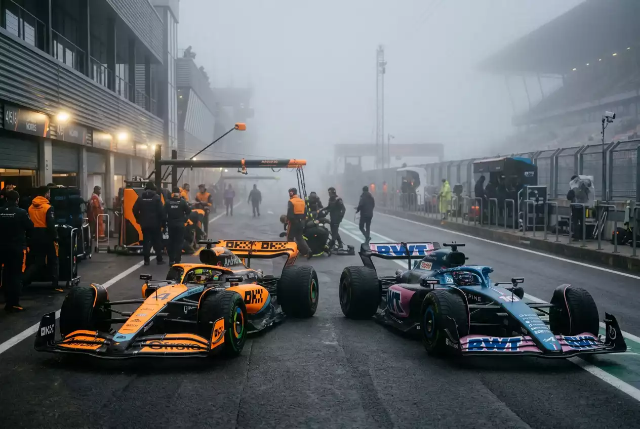 Dos monoplazas nuevos de Fórmula 1 en el pit lane de un circuito