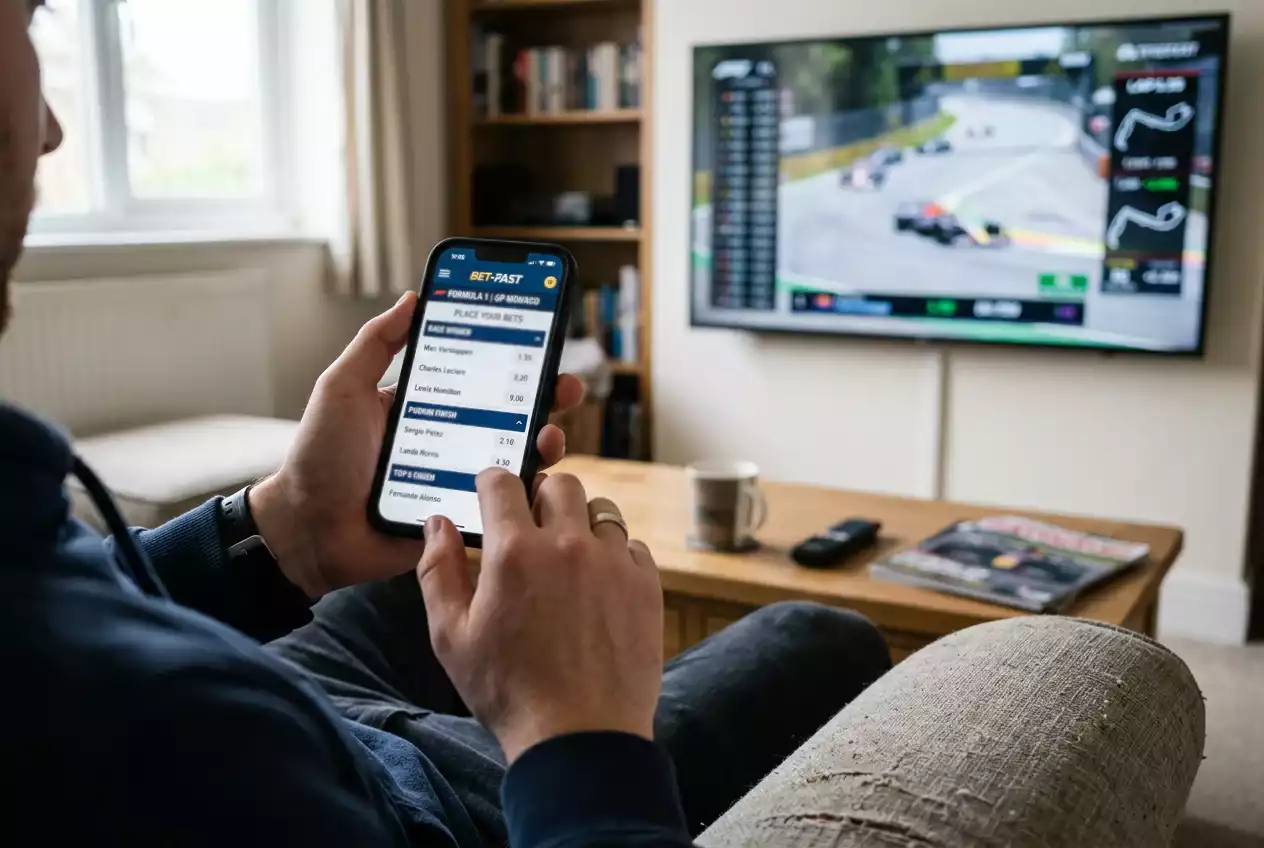 Persona usando un teléfono móvil para realizar una apuesta en una carrera de Fórmula 1