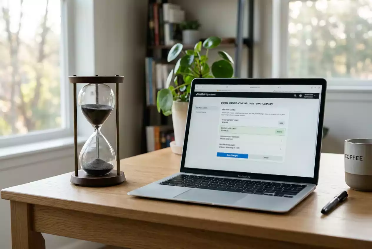 Reloj de arena junto a un ordenador portátil mostrando límites de apuestas deportivas