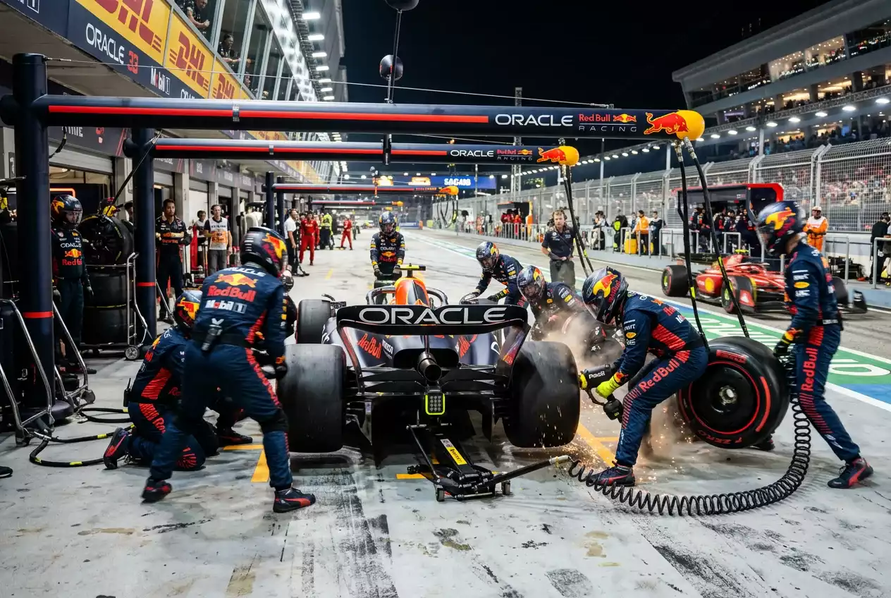Equipo de mecánicos realizando un pit stop a un monoplaza de Fórmula 1