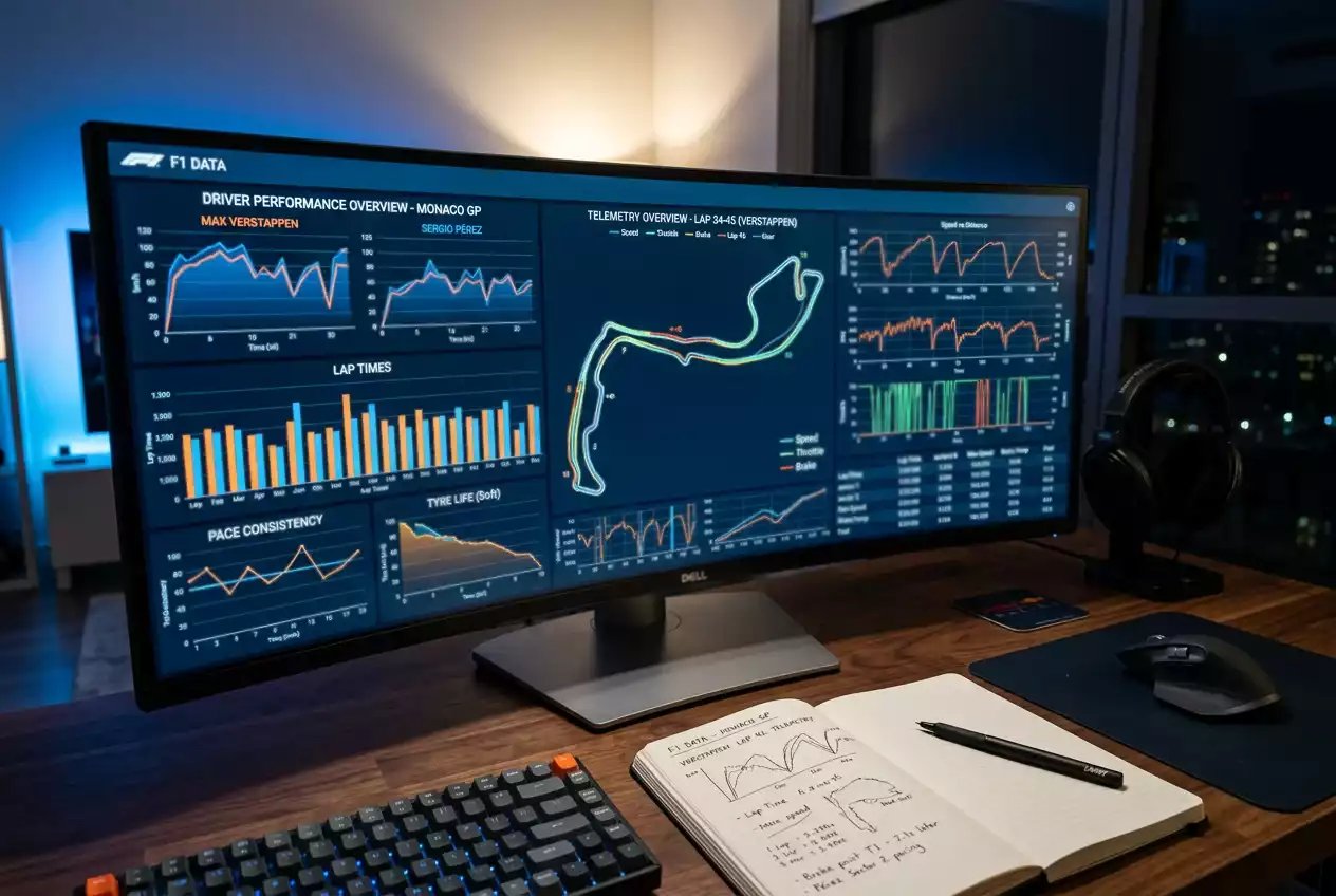 Pantalla con datos de telemetría y gráficos de rendimiento de pilotos de Fórmula 1